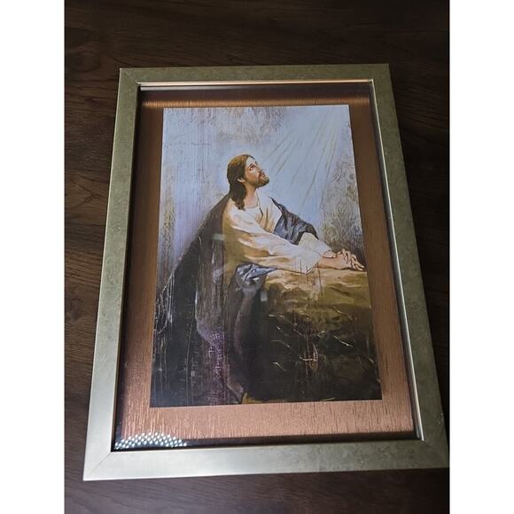 Vintage Jesus Print Praying At The Garden Of Gethsemane Gold Frame 16 X 12 - Picture 1 of 16
